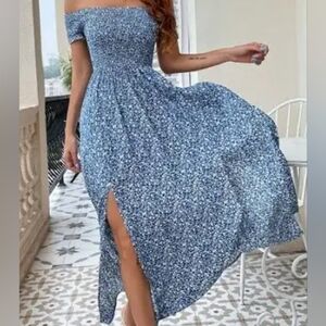 Adorel Blue & White Boho Smocked Top Leopard Print Side Slit Maxi Dress